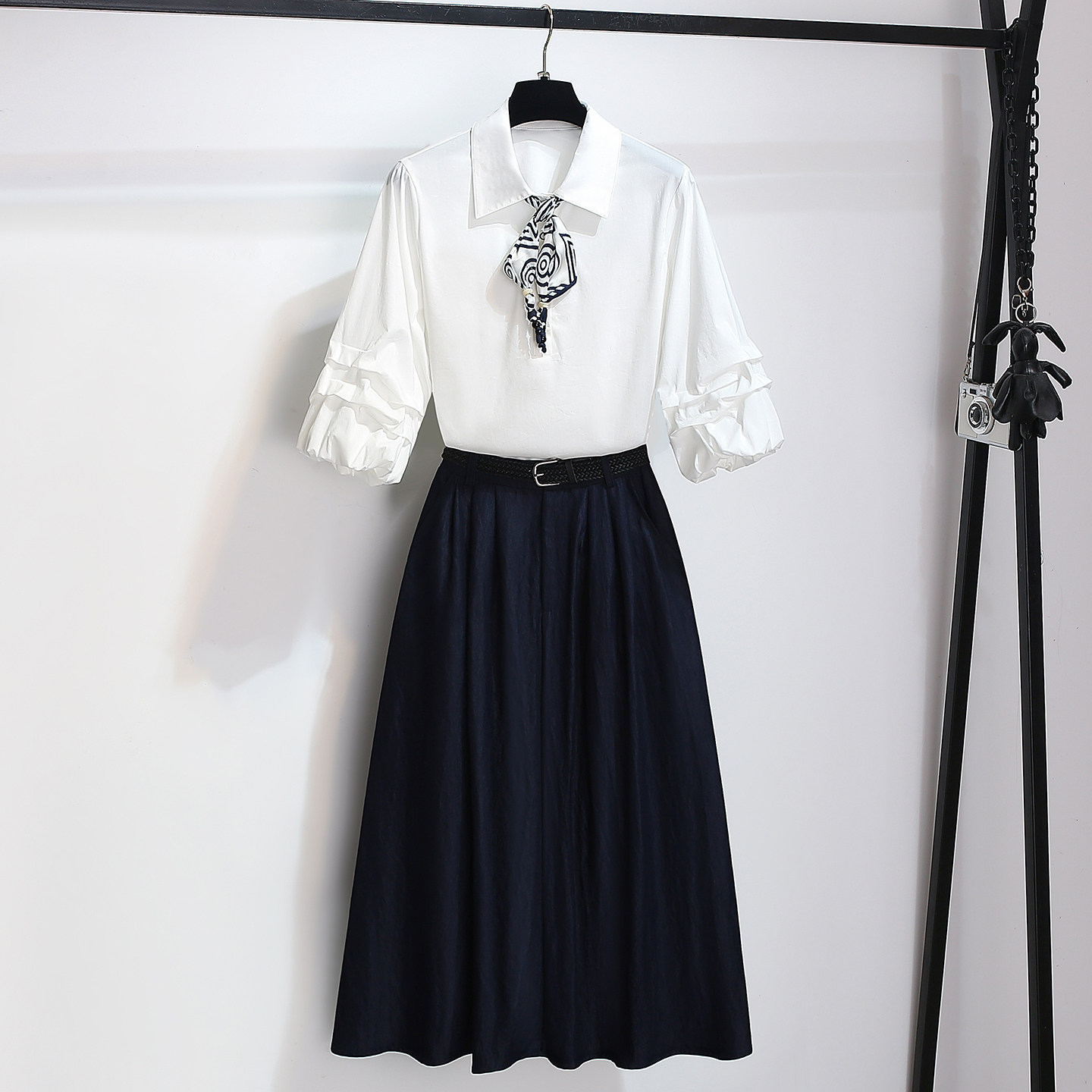 七分袖衬衫半身裙女两件套