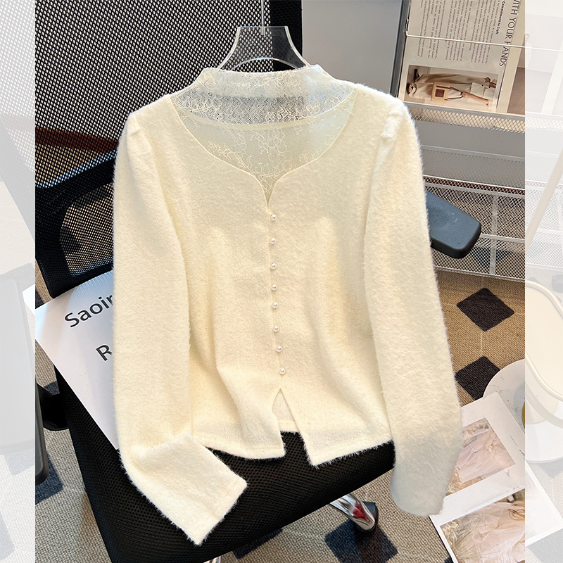 半高领拼接蕾丝长袖搭针织打底衫