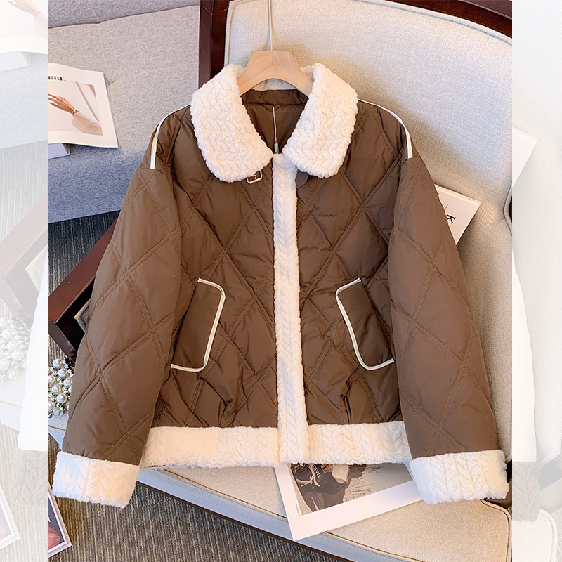美拉德羊羔毛绒拼接翻领羽绒服内胆外套女2024秋冬新款小香风夹克