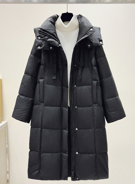 黑色连帽面包高充绒量羽绒服女2025冬季新款中长款白鸭绒保暖外套
