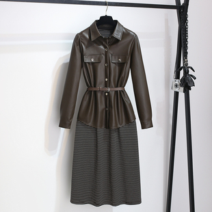 大方得体穿搭一整套装 皮衣衬衫 外套条纹背心连衣裙女2025秋冬新款