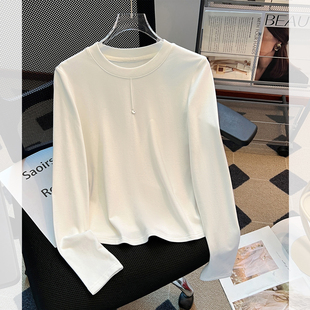 白色圆领长袖T恤内搭打底衫女高级感2025冬季新款加绒加厚短上衣