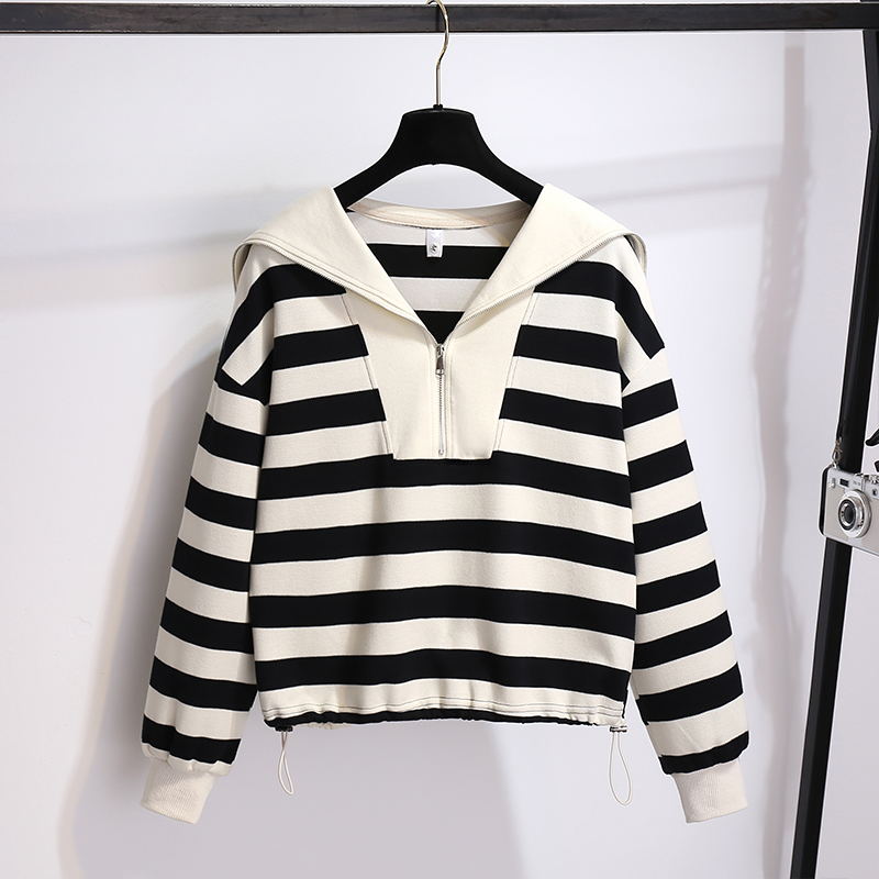 黑白条纹长袖海军娃娃领卫衣短款