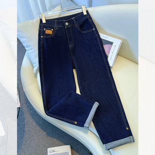 子 九分老爹裤 深蓝色高腰哈伦萝卜牛仔裤 女2026春秋休闲宽松潮韩版
