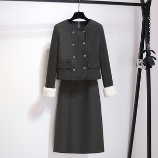 年会战袍夹棉毛呢外套半身裙女套装2025秋冬新款灰色小香风连衣裙