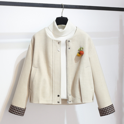 拼接撞色圆领开衫拉链毛呢外套女