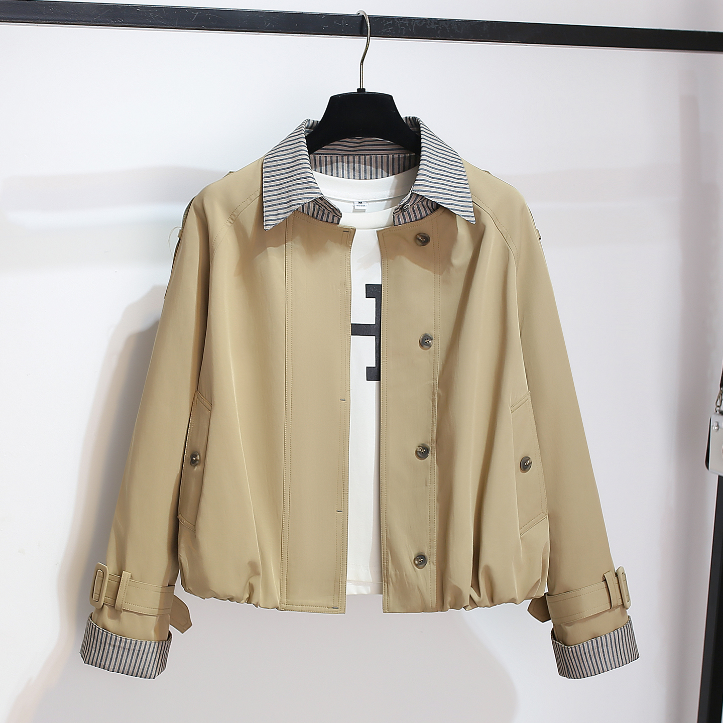 条纹衬衫拼接假两件卡其风衣外套