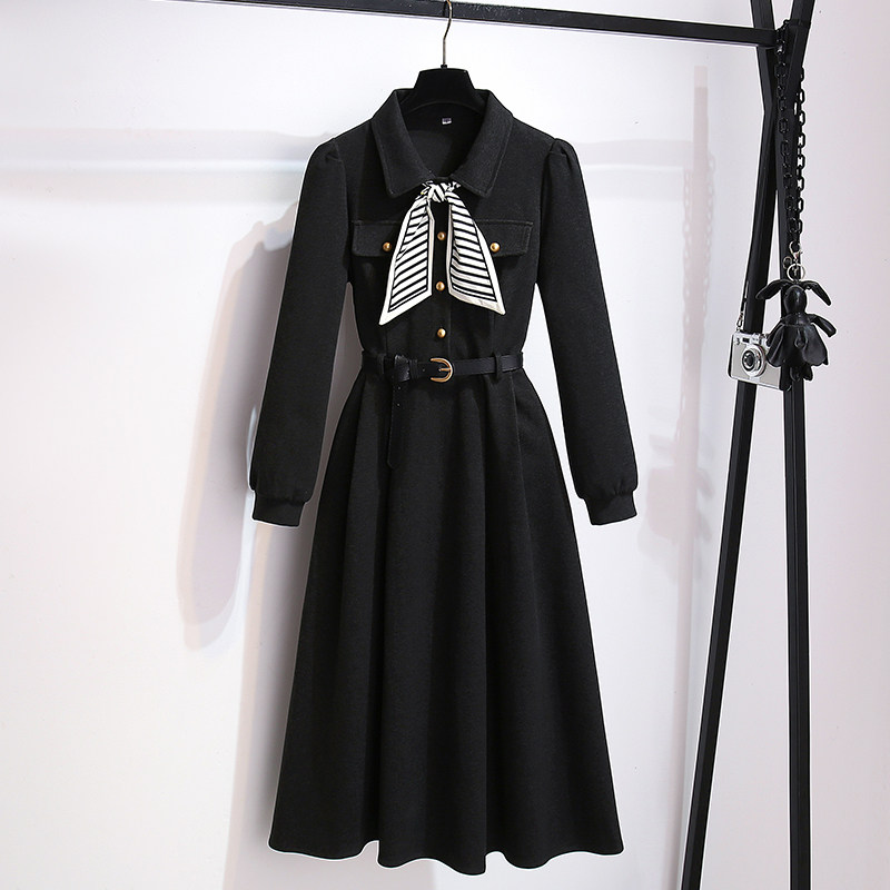 黑色赫本风衬衫长袖磨毛连衣裙