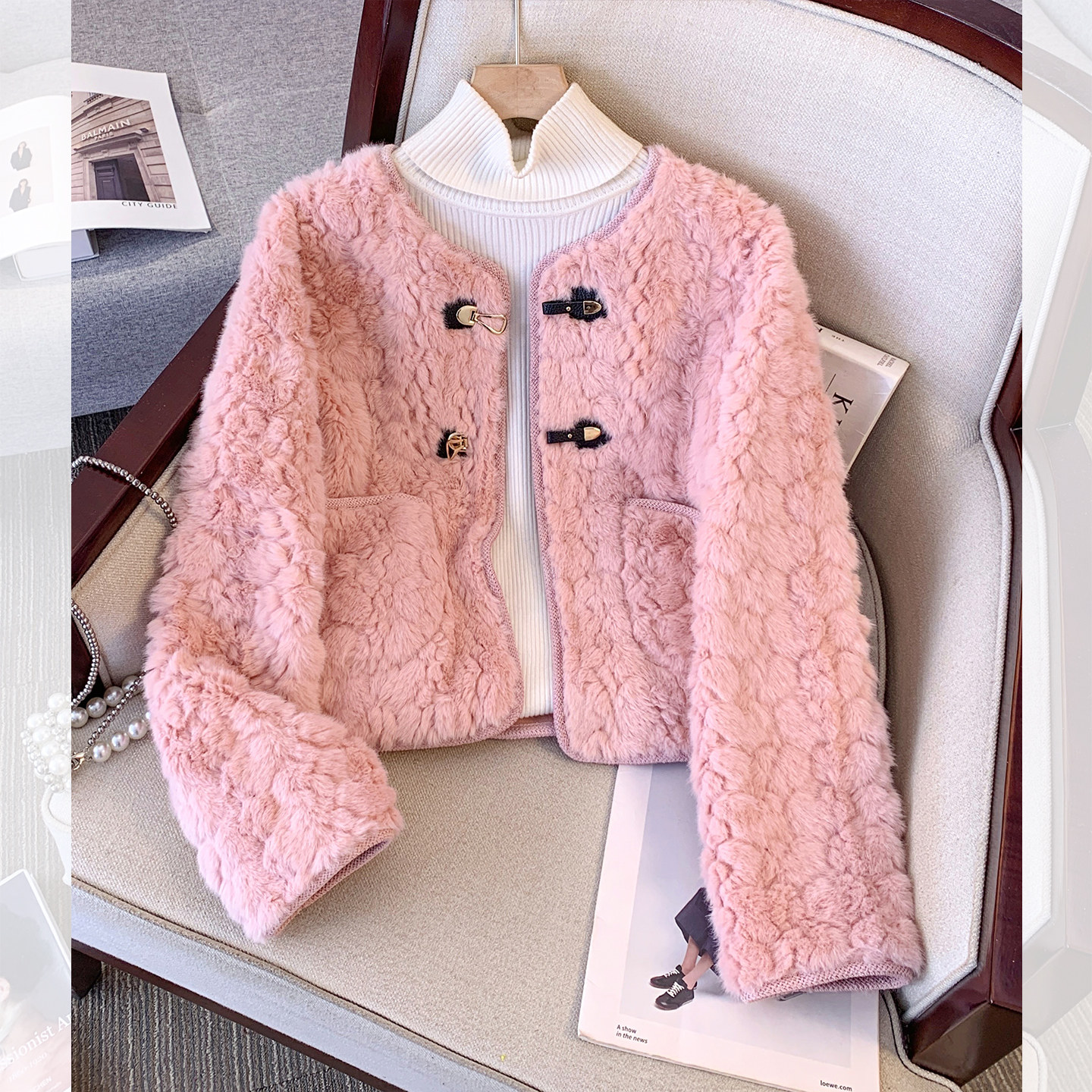 小香风羊羔毛茸茸皮毛一体外套女加厚2025秋冬新款高级感短款夹克,女装/女士精品,短外套,淘宝优惠券,粉丝福利购,淘宝优惠卷