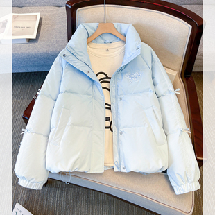 超火渐变蓝色立领白鸭绒蝴蝶结面包羽绒服女2025冬装新款加厚外套