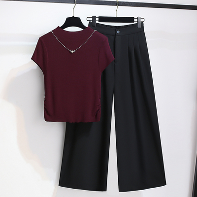 红色针织短袖t恤阔腿裤女两件套