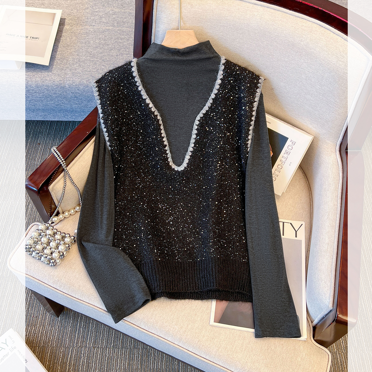 毛针织马甲内搭半高领长袖打底衫