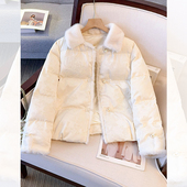 白色新中式 加厚外套 新款 国风羊羔毛拼接翻领短款 羽绒服女2025冬装