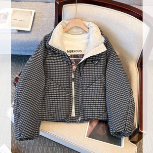 黑白格子纹立领韩系短款羽绒服女2025冬季新款爆款加厚面包服外套