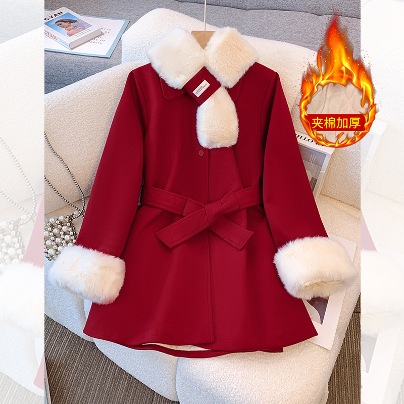 2025本命年红色小香风毛呢子收腰外套女春秋冬新款中长款夹棉大衣