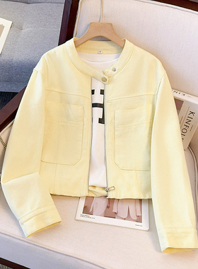 休闲百搭高级感黄色圆领牛仔外套女爆款2025开春秋新短款夹克上衣