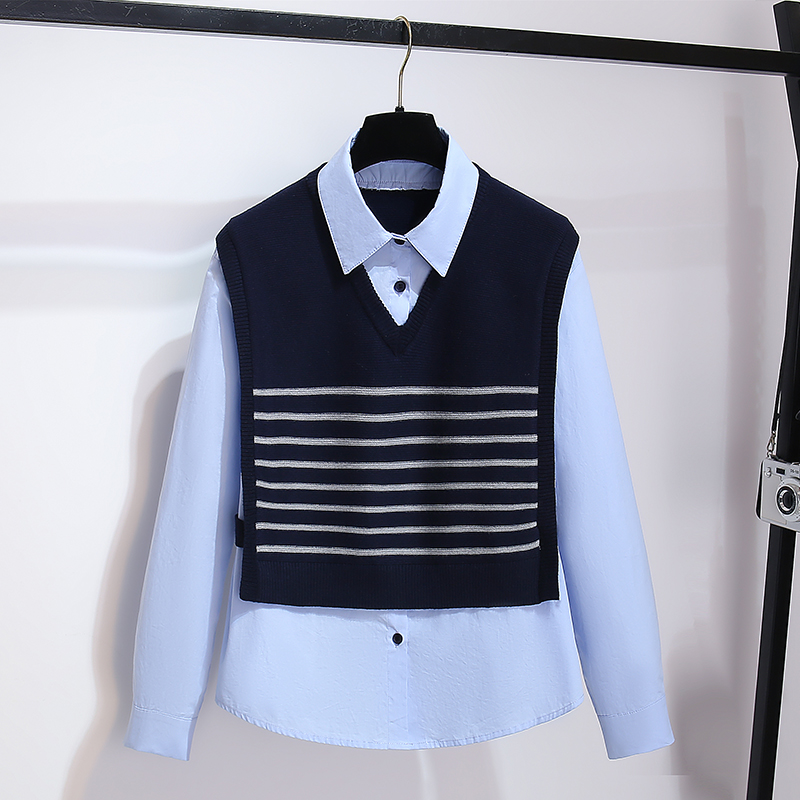马甲背心拼接撞色假两件长袖衬衫