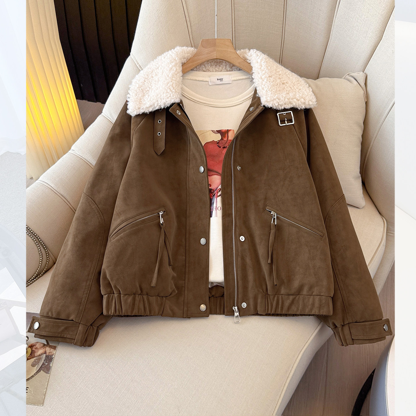 棕咖色羊羔毛翻领麂皮绒外套新款