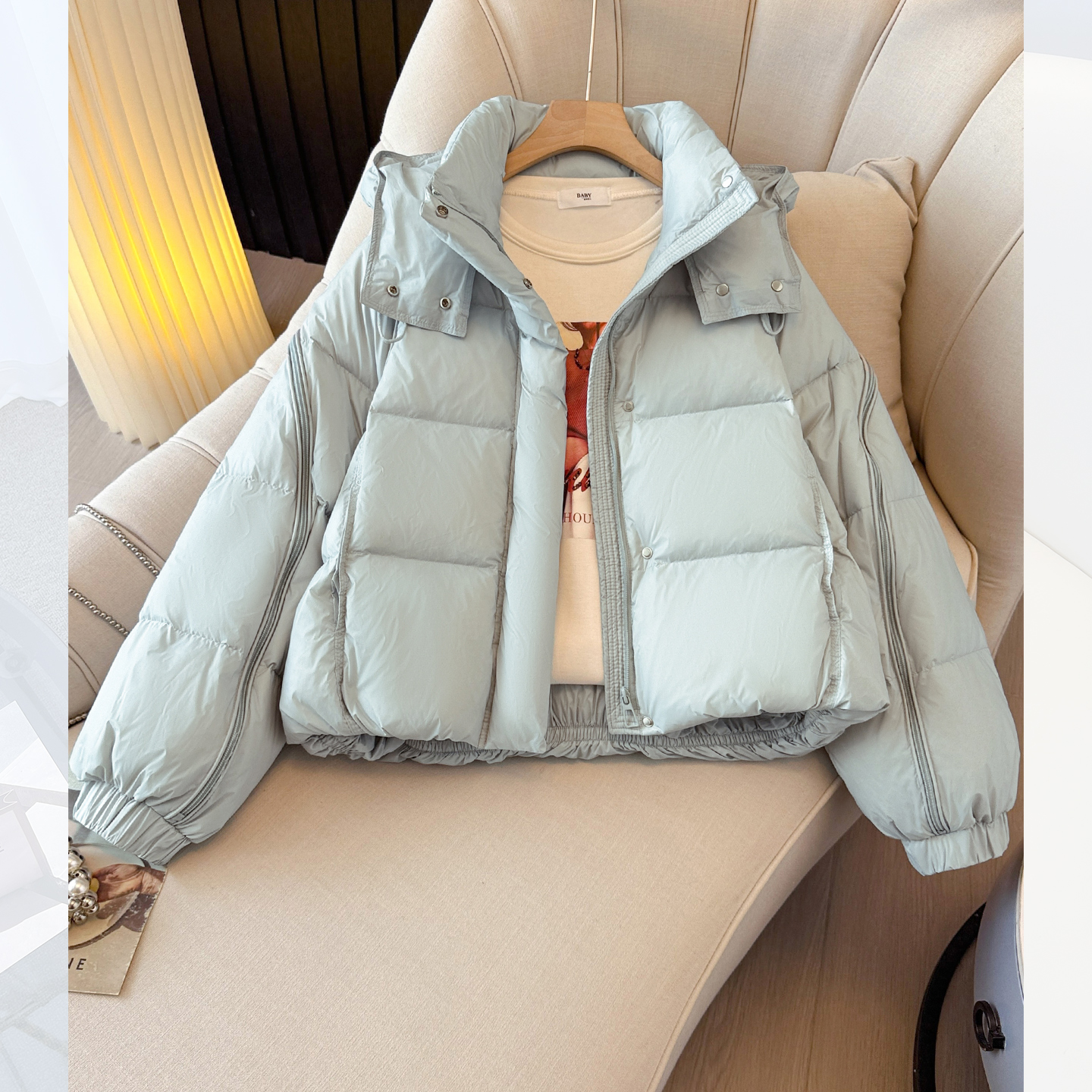 蓝色连帽设计感小众羽绒服外套女