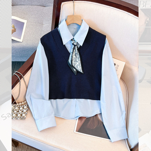 针织马甲背心配蓝色长袖衬衫女2025立秋新款超火穿搭一整两件套装