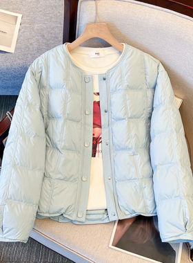 蓝色圆领方格面包羽绒服女2025冬季款新国标90白鸭绒轻薄保暖外套