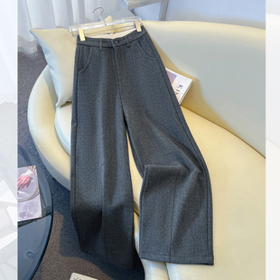 直筒裤 灰色高腰毛呢阔腿休闲西装 新款 子女加绒加厚2025秋冬季 裤