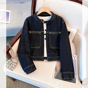 加绒加厚深蓝色圆领牛仔衣外套女2025深秋初冬季新款短款夹克上衣