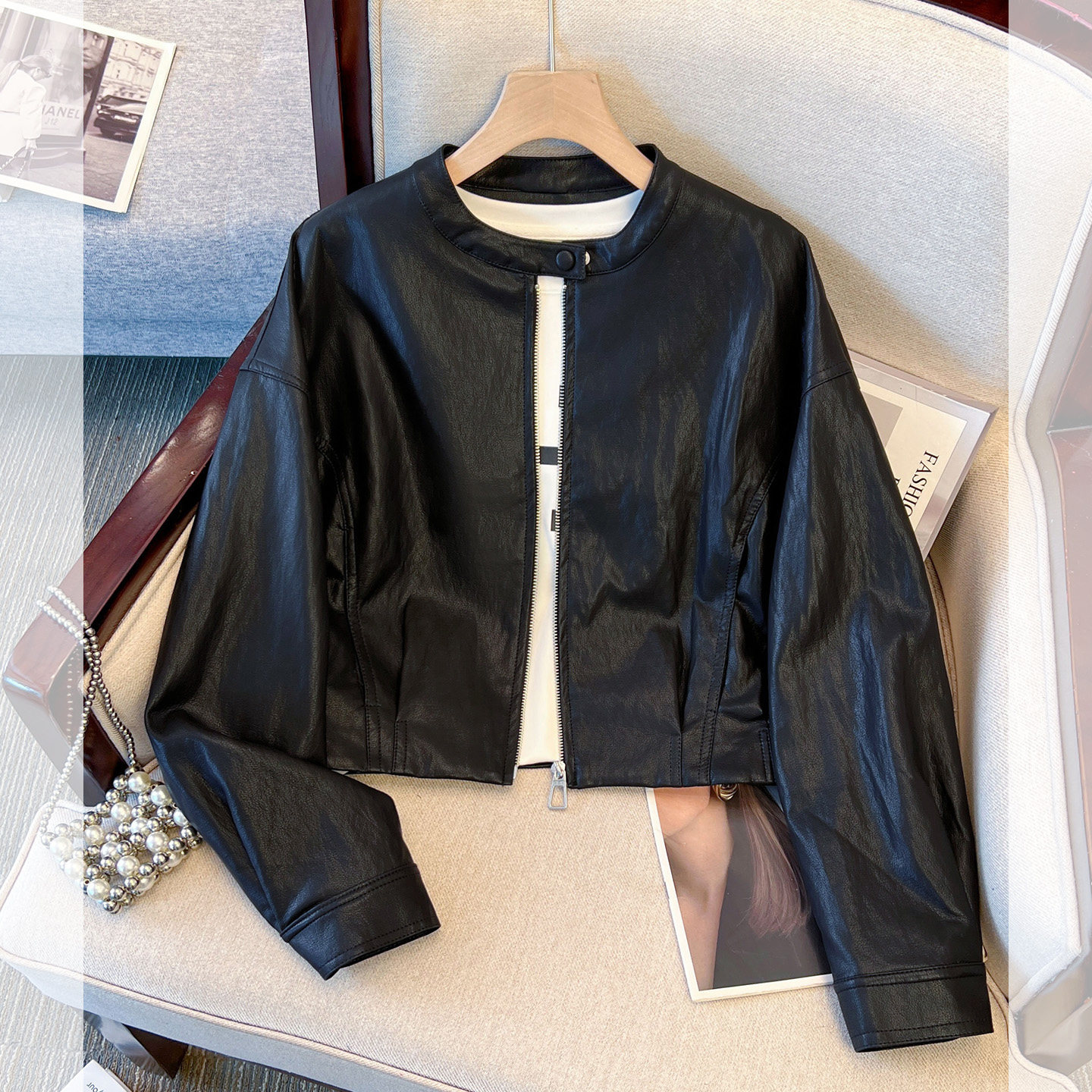 圆领pu皮衣外套女短款棒球服夹克图片