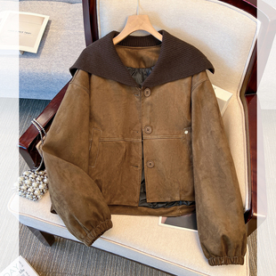 美拉德棕咖色针织翻领麂皮外套羽绒服内胆女2025冬装新款短款夹克