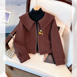 小香风海军娃娃领毛呢子开衫外套加厚女2025秋冬季新款超火短上衣