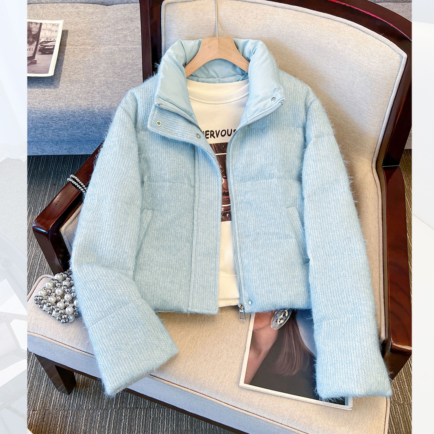 立领针织仿貂毛短款小个子羽绒服