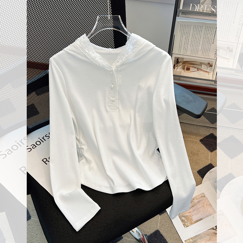 高级感拼接蕾丝花边连帽长袖T恤