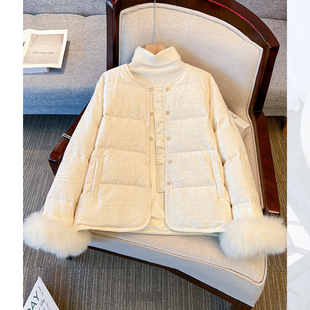 超火白色新中式国风丝绒面亮片羽绒服女2025冬装新款独特漂亮外套