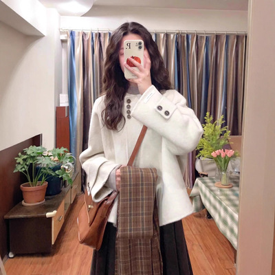 短款呢子大衣女2025秋冬新款毛呢外套圆领感小个子半身裙套装