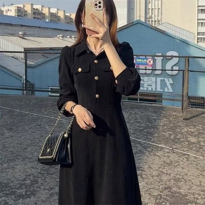 法式赫本风黑色连衣裙女秋冬季新款小个子气质收腰显瘦A字长裙子