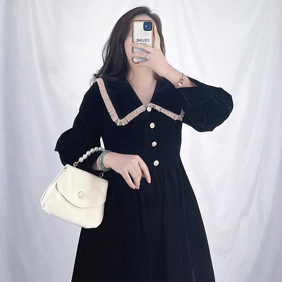 法式娃娃领高腰连衣裙女