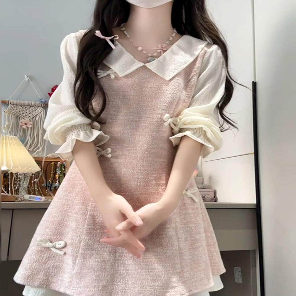 小个子粉色假两件连衣裙