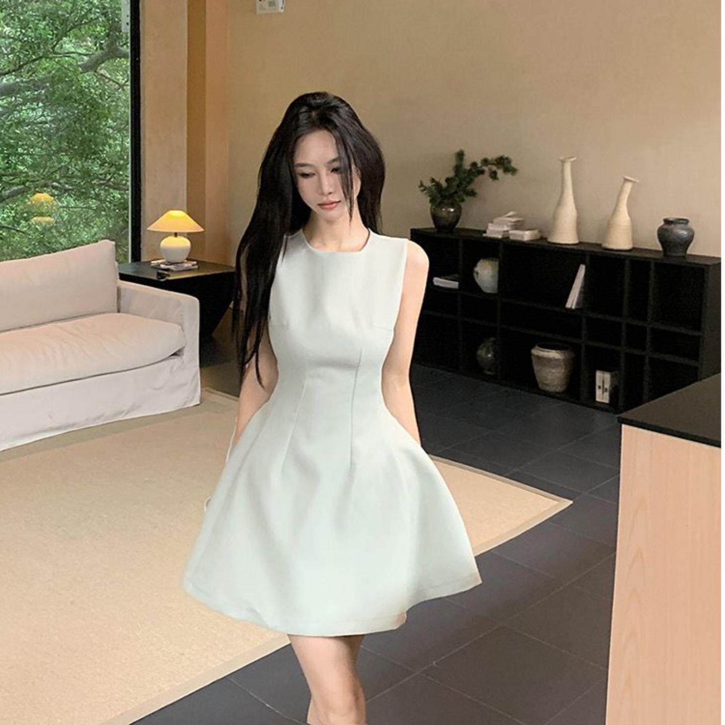 气质修身袖背心连衣裙女装夏季显瘦百搭短裙小个子收腰A字裙子
