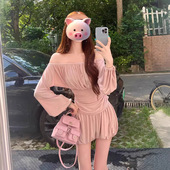 两件套装 新款 上衣高腰显瘦气质短裤 性感辣妹一字肩褶皱长袖 女 时尚