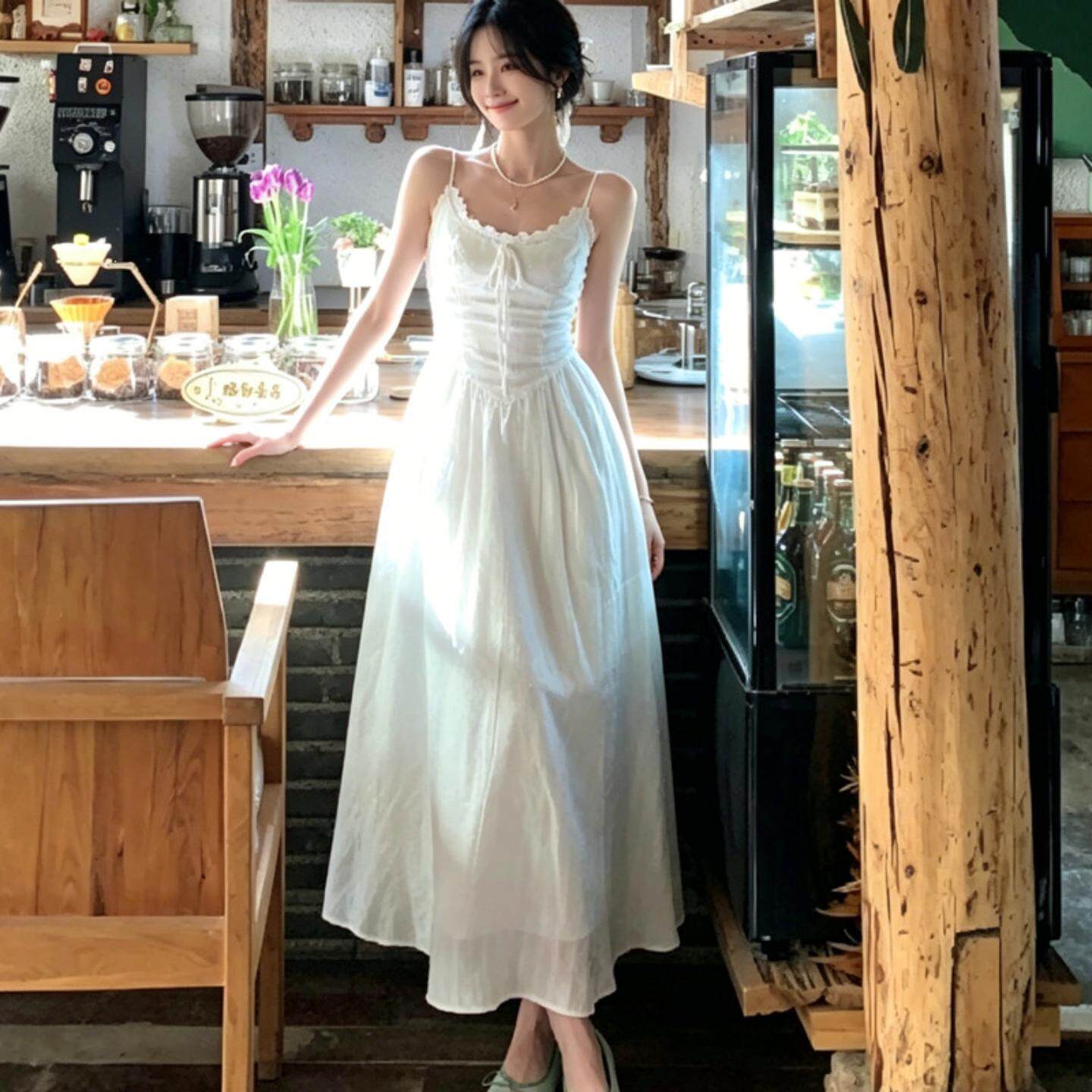 夏季法式白色吊带连衣裙女款|