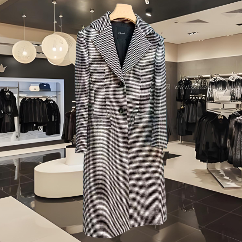 M家101801大衣进口千鸟格中长款双排扣经典时尚女高端毛呢外套