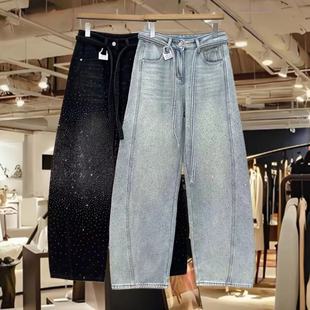 休闲阔腿长裤 加厚时尚 欧洲站 高腰烫钻亮闪弯刀加绒牛仔裤 欧货冬季