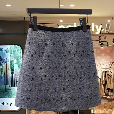 isprin小香风钉珠亮片半身裙女冬2025高腰高端a字包臀羊毛呢短裙