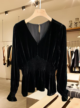 经典高端6A级100%桑蚕丝真丝长袖黑色30姆米重磅真丝V领女上衣