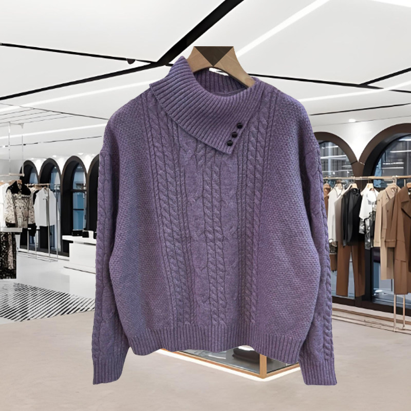 BD缤典57112欧货翻领绵羊毛兔毛麻花针织衫长袖上衣女冬新款毛衣