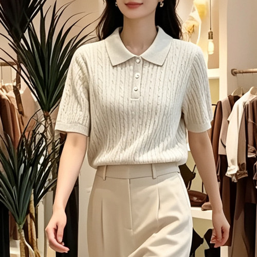 法式米色翻领短袖针织衫女早秋高级感修身显瘦polo衫正肩t恤上衣