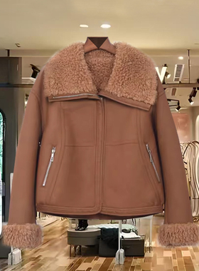 万姿风情25627冬季新时尚显瘦宽松加绒羊羔毛外套女装百搭皮衣