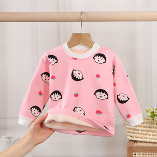 加绒加厚保暖上衣秋衣打底衫睡衣儿童内穿外穿圆领肩开扣a类秋冬