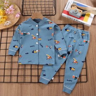 春秋款纯棉宝宝开衫两用裆秋衣秋裤套装男童女童宝宝睡衣内衣a类