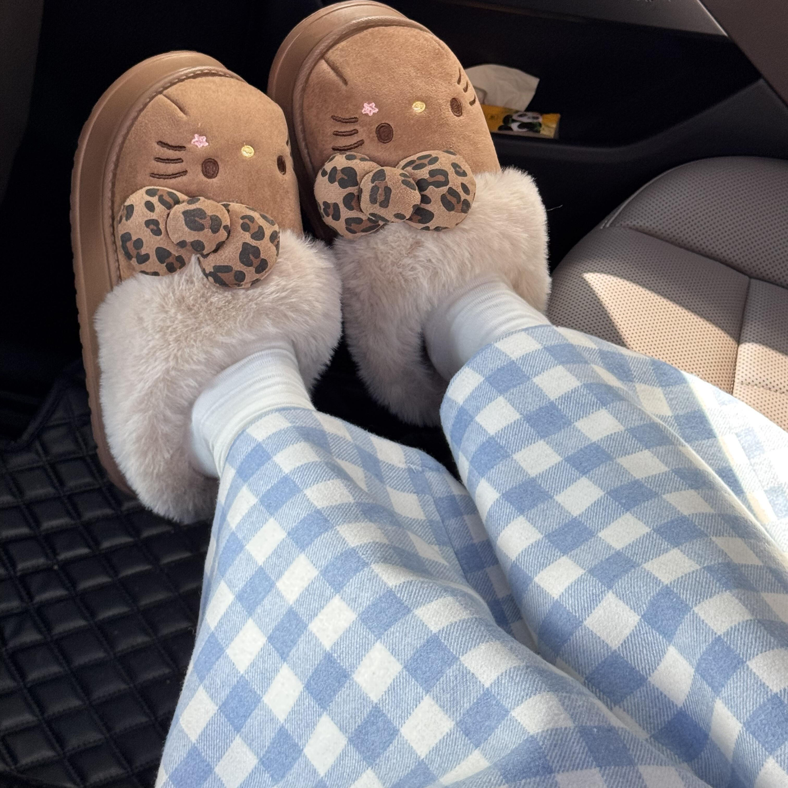 棉拖鞋女2025新款棕色格子猫咪棉拖鞋室内家居防滑可爱保暖毛毛鞋